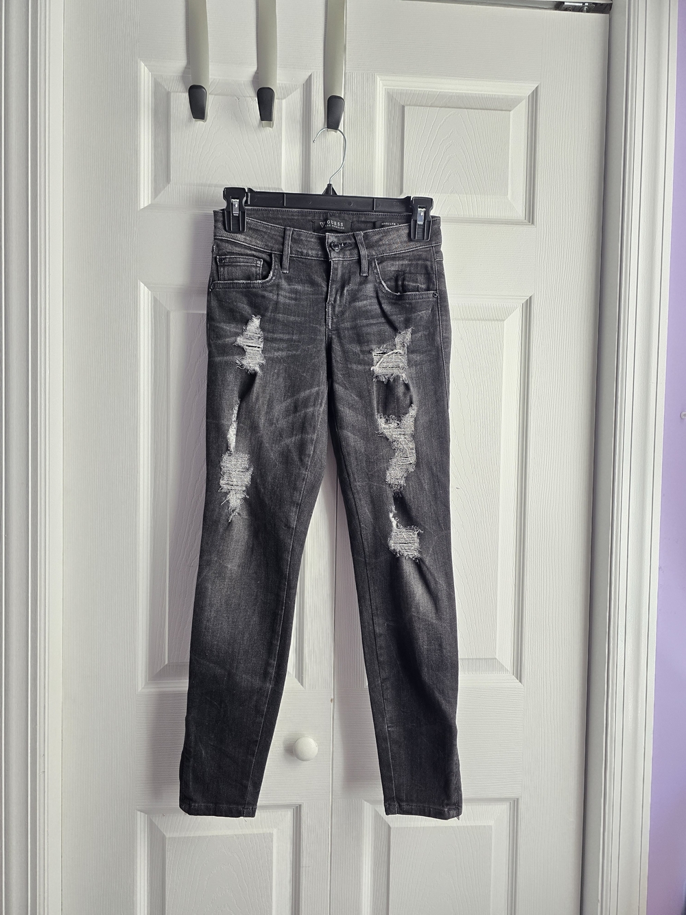 Guess Los Angeles Marilyn 3 Zip Black Distressed Skinny Jeans Size 24 L 34in